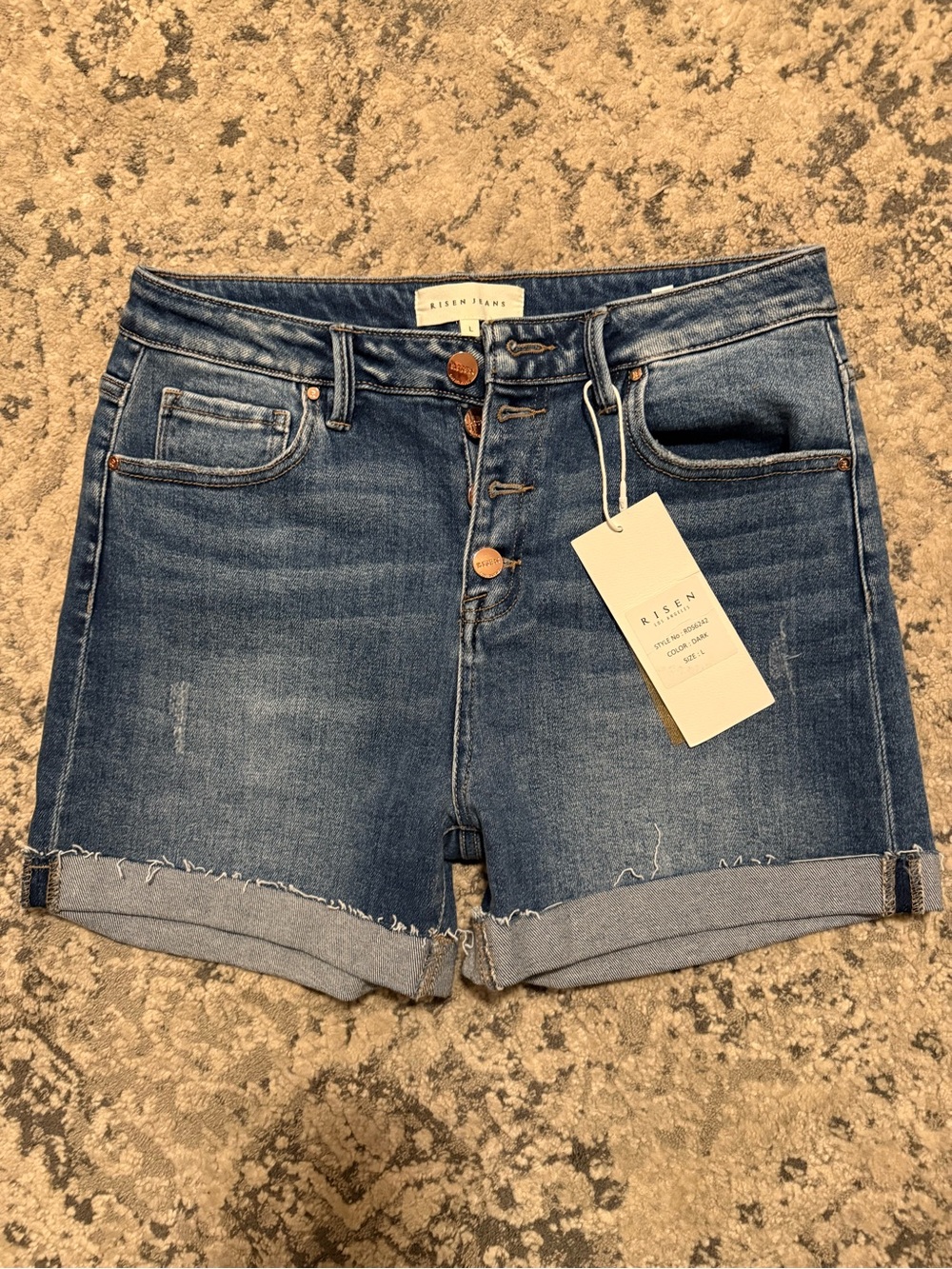 High-Rise Button-Fly Risen Denim Shorts - Blue